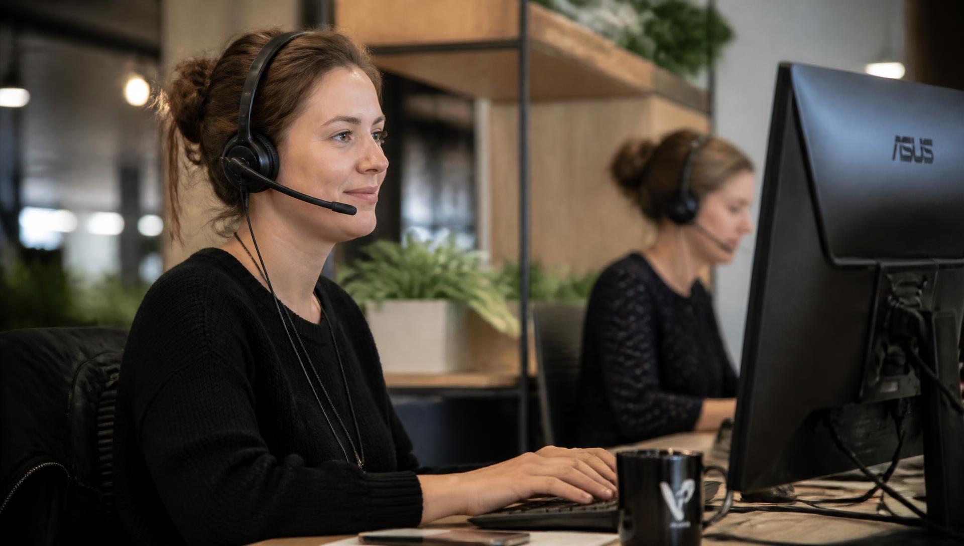 Customer service team member answering a live chat enquiry at a tidy desk