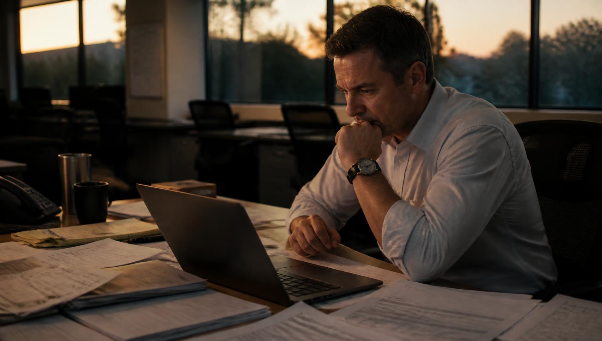 Sales manager reviewing dormant leads on a laptop in an office at dusk