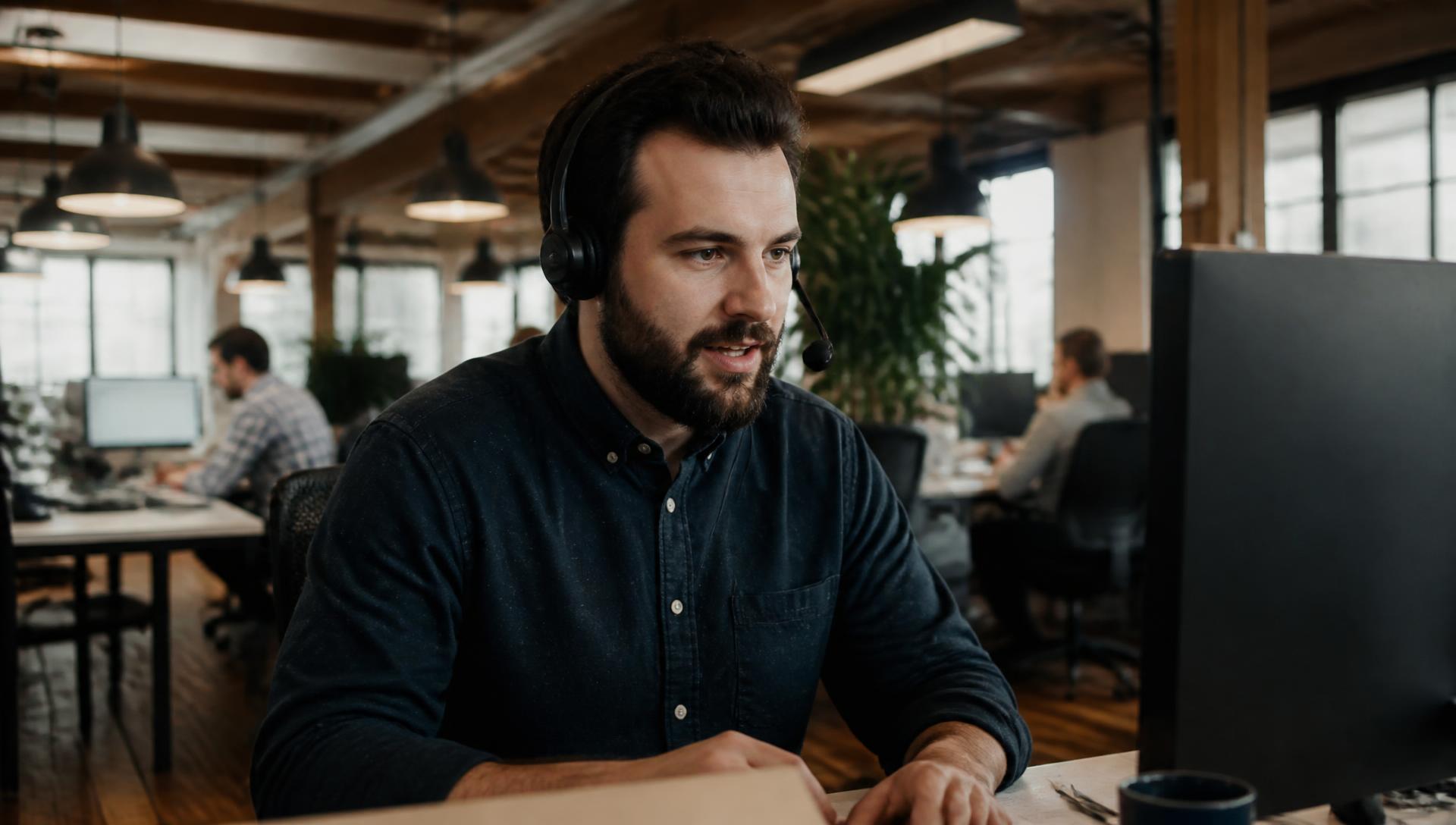 Business professional wearing a headset speaking on a call in a warm open-plan office