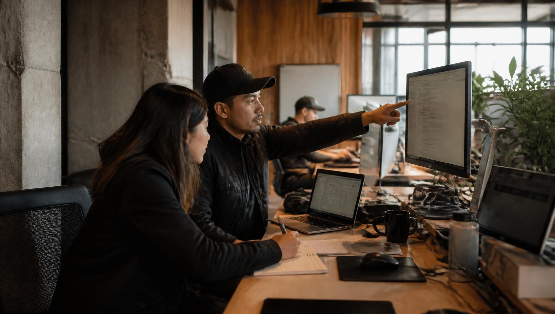Operations team reviewing work on screens together in a calm modern office