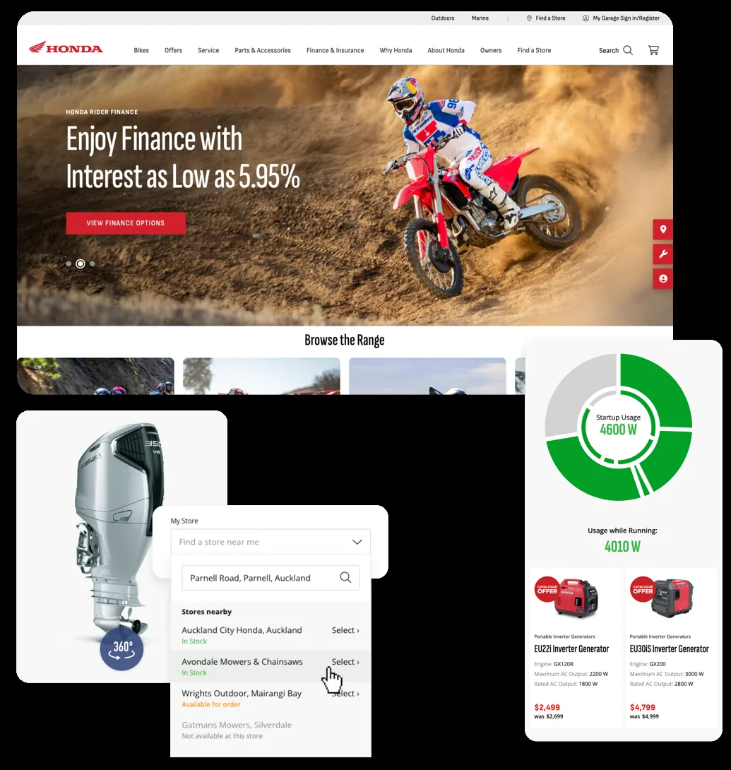Honda ecommerce site with a rider finance hero of a motocross bike, a marine outboard product view with 360-degree spin and store stock finder, and a generator power-usage calculator with product pricing