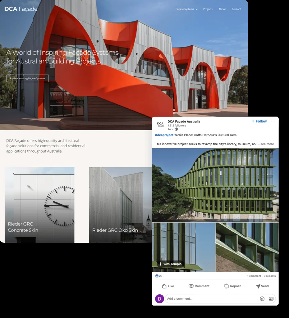 DCA Façade website homepage showing a curved red-and-grey architectural façade hero image, product tiles for Rieder GRC concrete and Oko skins, and a LinkedIn post about the Yarrila Place project in Coffs Harbour