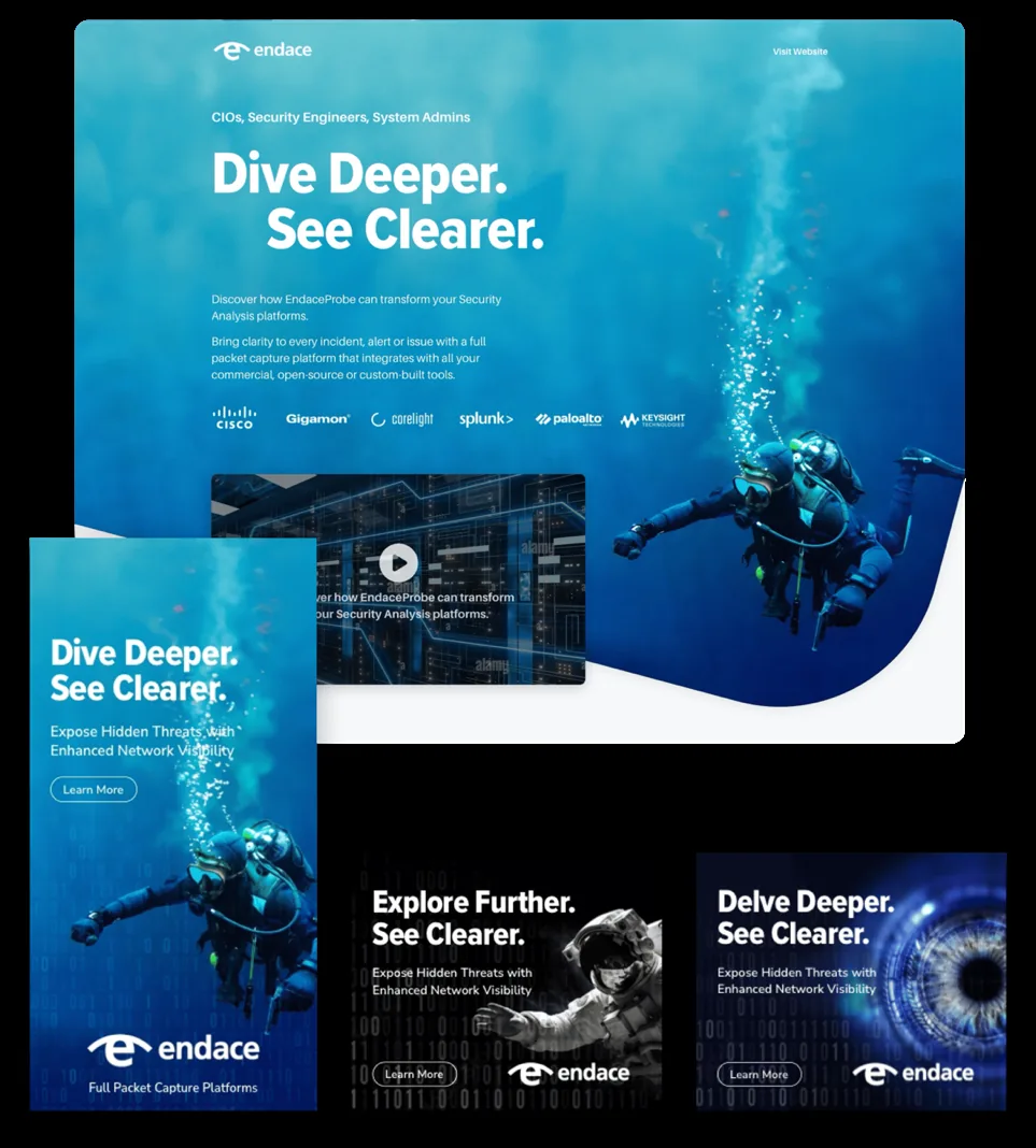 Endace 'Dive Deeper. See Clearer.' campaign landing page with an underwater diver image, partner logos including Cisco and Splunk, an embedded video, plus matching display ad banners