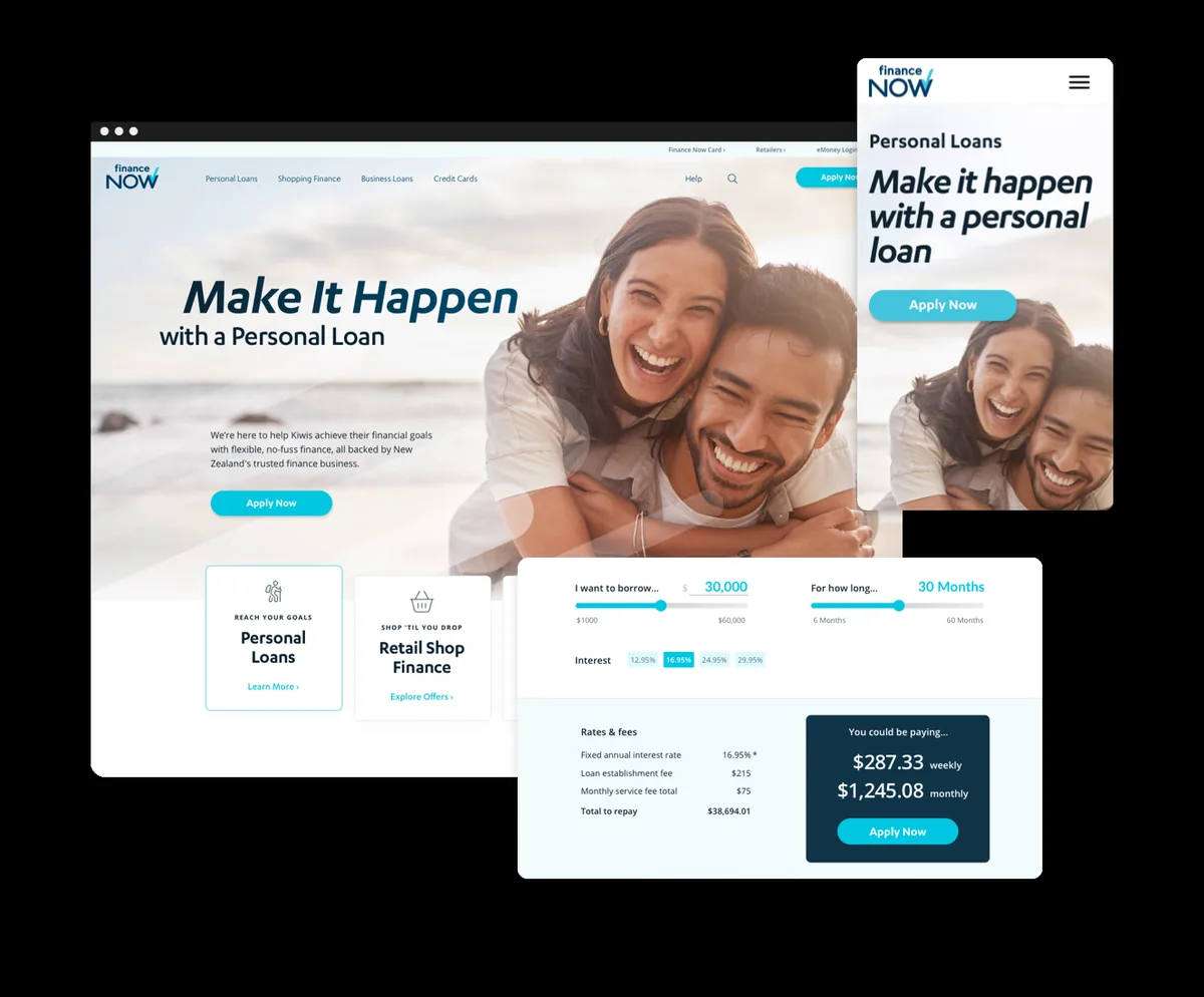 Finance Now website on desktop and mobile with a 'Make It Happen with a Personal Loan' hero of a laughing couple, an Apply Now call to action, and a loan repayment calculator showing weekly and monthly repayments