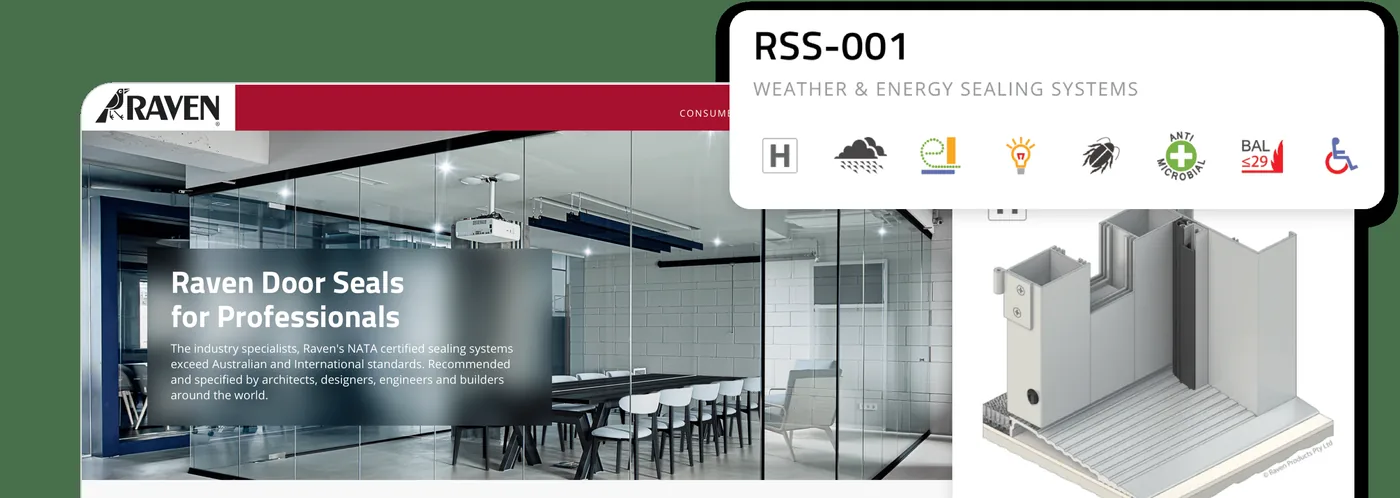 Raven Products website showing a 'Raven Door Seals for Professionals' hero over a glass-partitioned office, alongside an RSS-001 weather and energy sealing system product page with compliance icons and a technical 3D component render