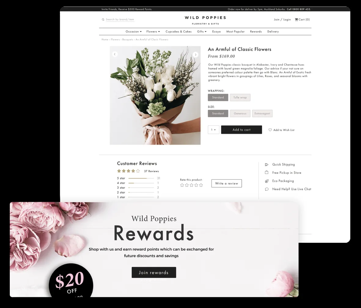 Wild Poppies online store product page for a classic white bouquet with wrapping and size options, customer reviews, and a Rewards loyalty programme landing page below