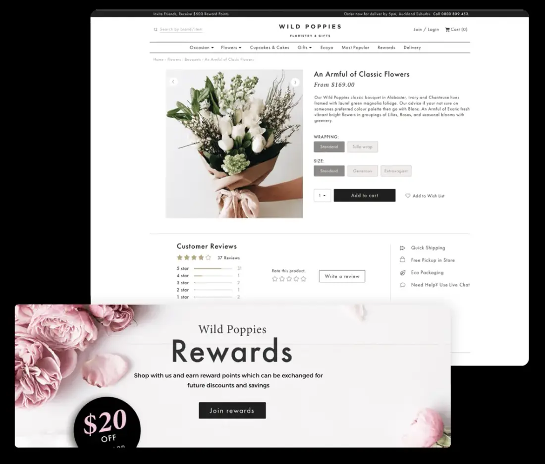 Wild Poppies online store product page for a classic white bouquet with wrapping and size options, customer reviews, and a Rewards loyalty programme landing page below