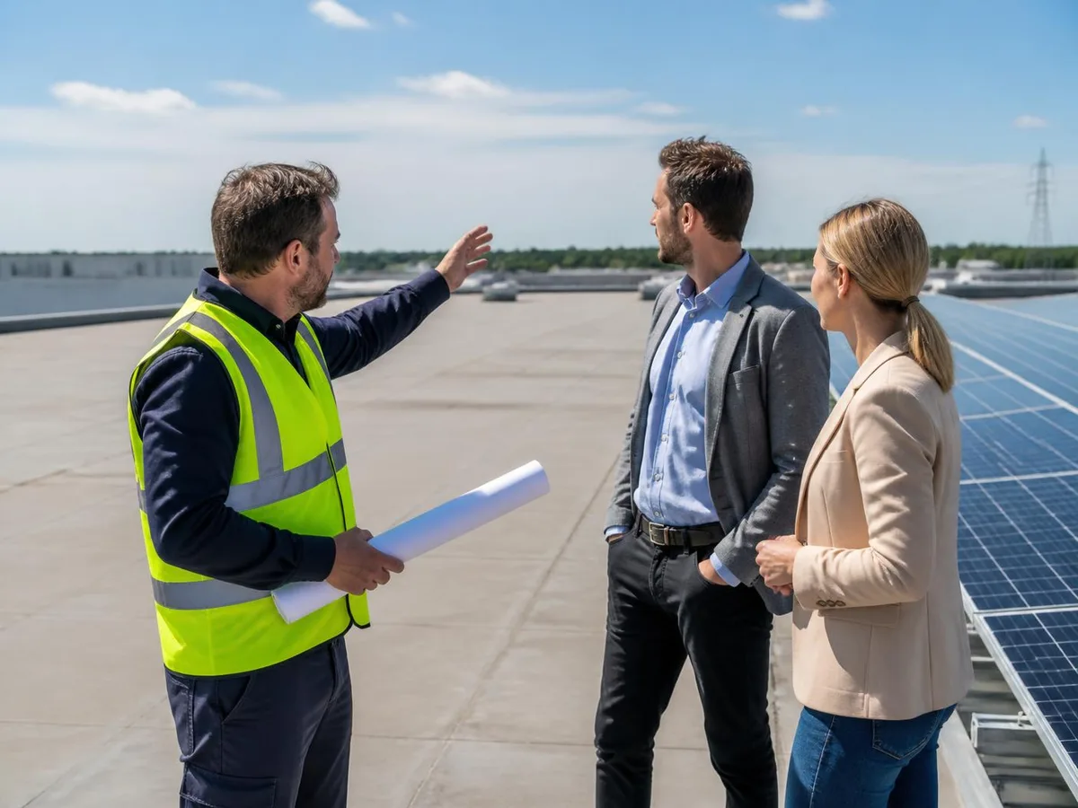 Solar project lead discussing roof suitability with two business stakeholders on a commercial rooftop