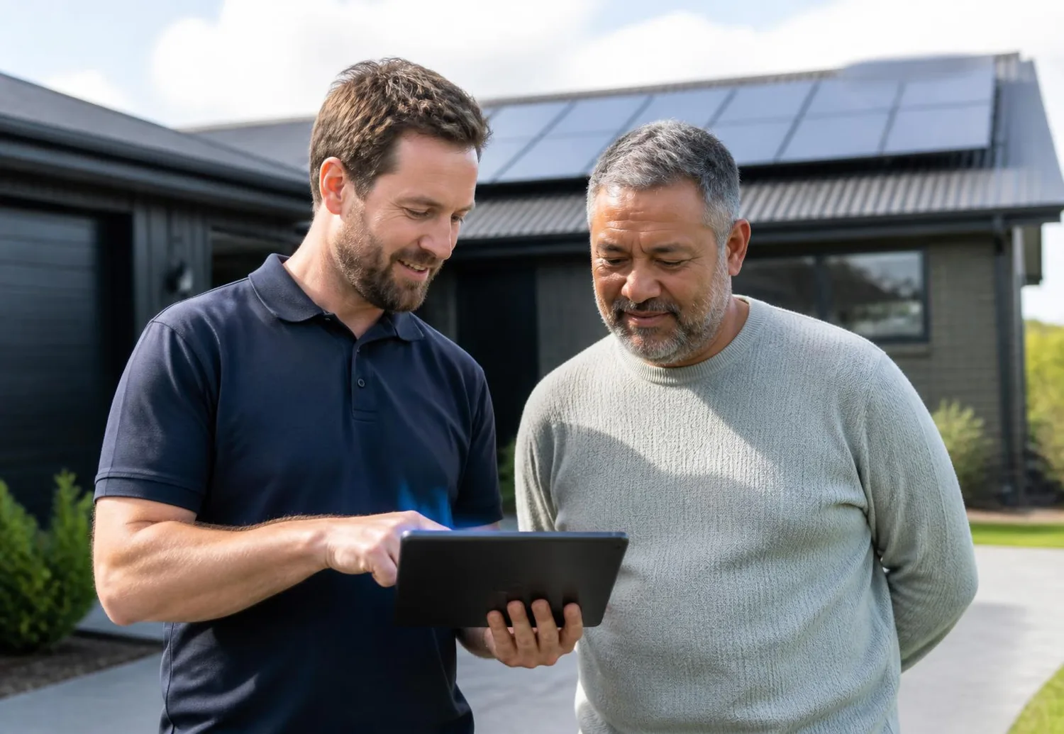 Solar consultant showing a homeowner a proposed system layout on a tablet outside their house