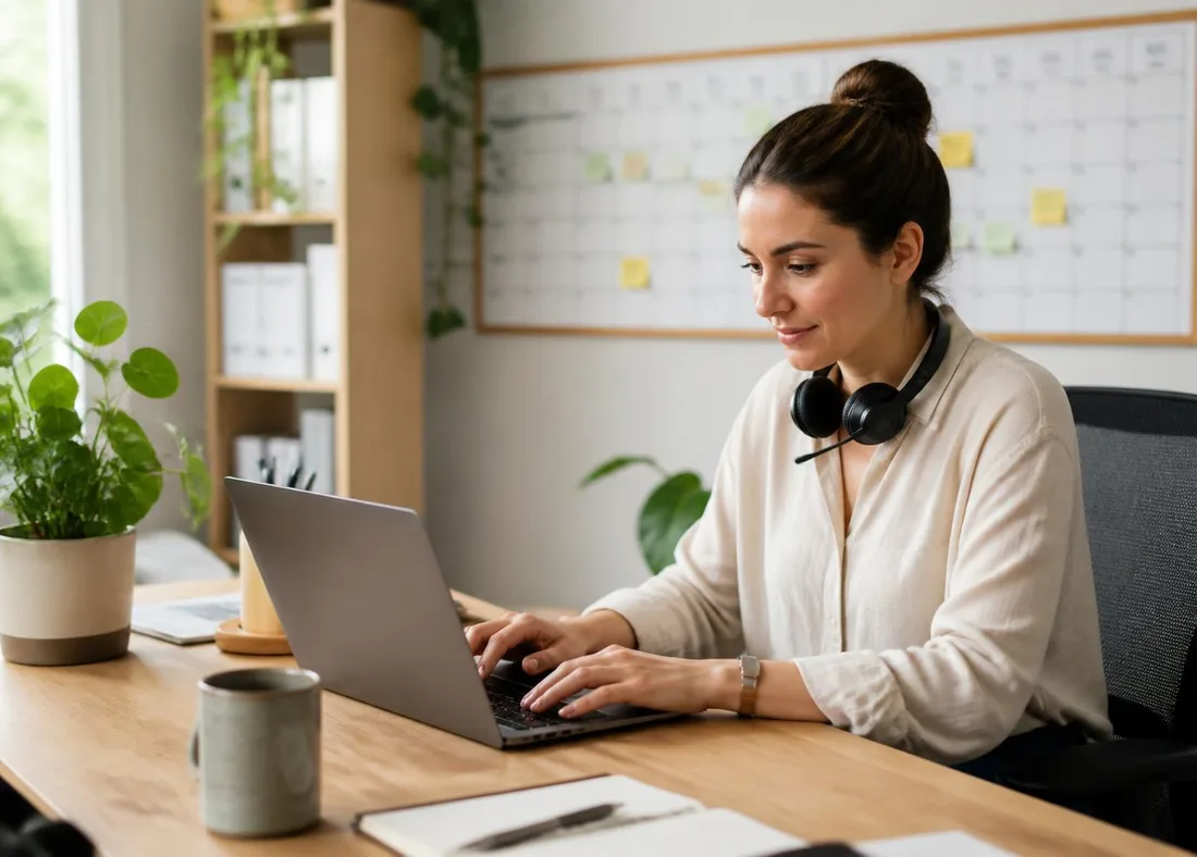 Sales operations coordinator managing solar follow-up tasks and consultation bookings in a bright office