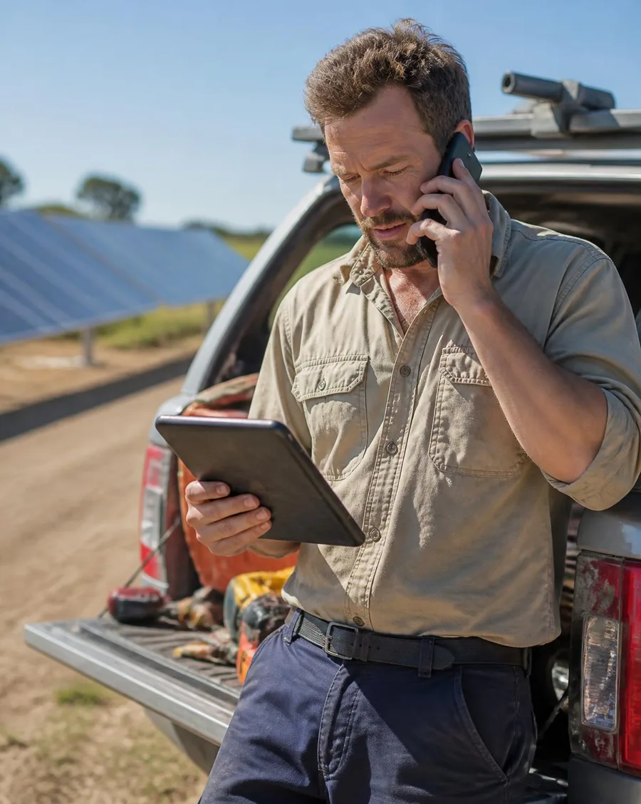 Solar field technician taking a call and checking enquiries on a tablet beside his work vehicle