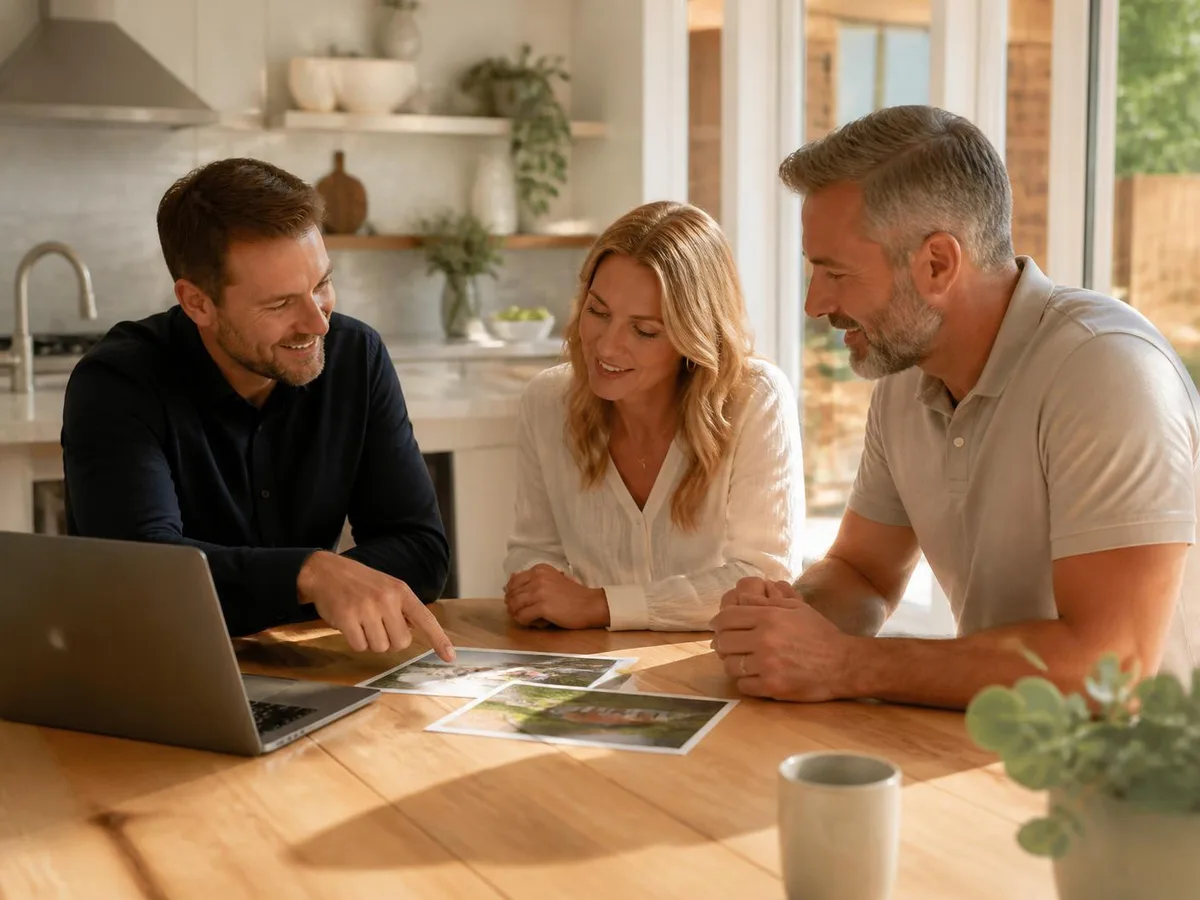 Solar consultant reviewing a system proposal with a homeowner couple at their kitchen table