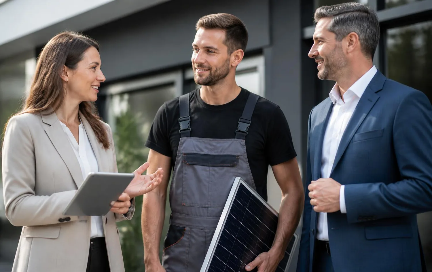 Solar advisor, installer and manager talking together outside a modern commercial building